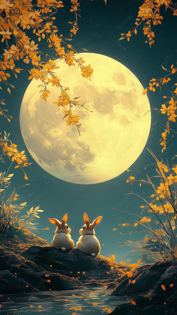 bunnies sitting under osmanthus and moon